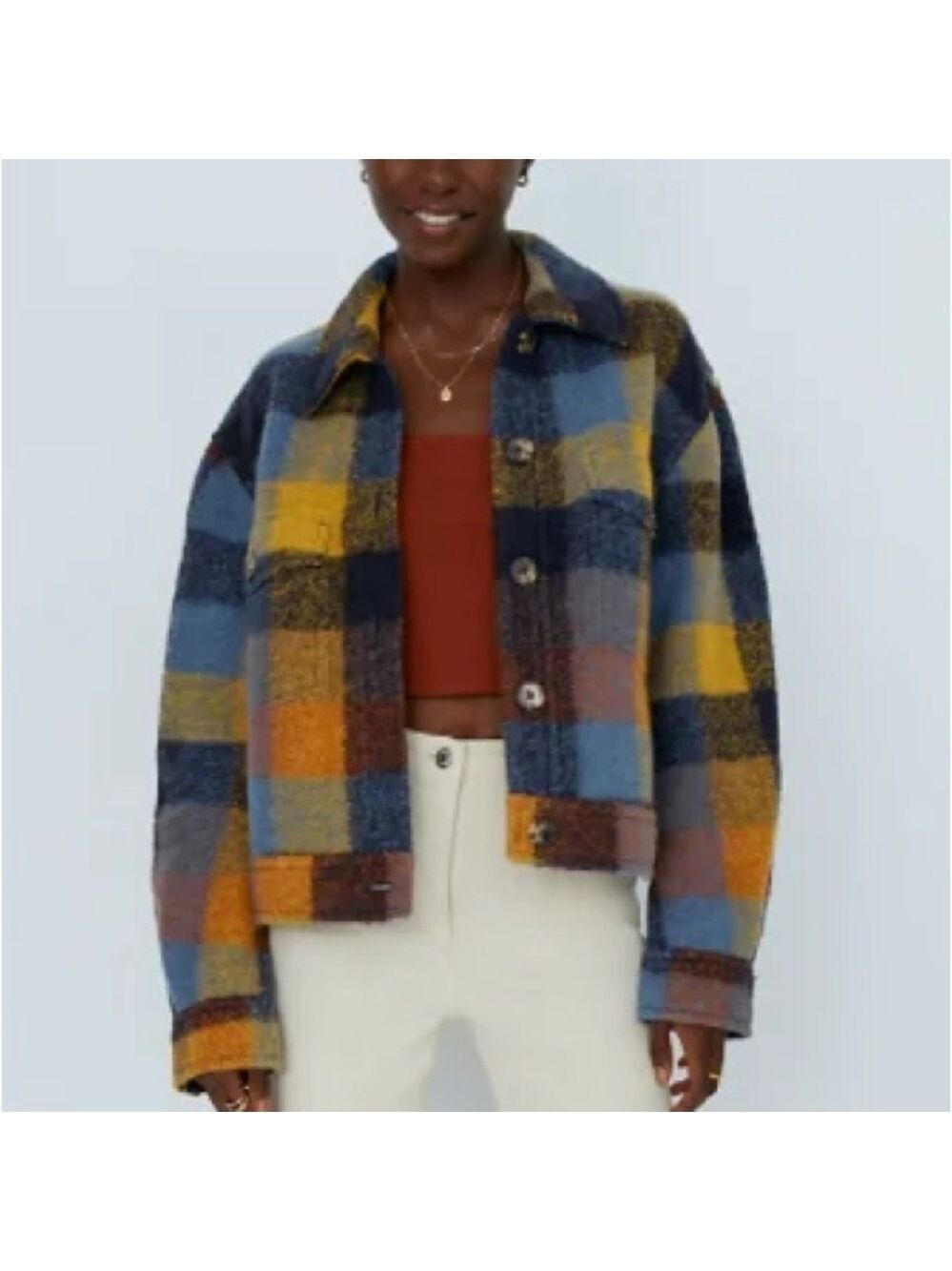 House of Harlow 1960 Women’s Blue Orange Plaid Cropped Button Front Shacket S